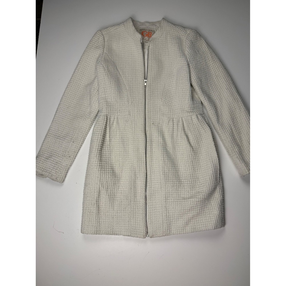 Gianni Bini Womens Cream Textured Waffle Knit Zip Up Knee Length Coat Jacket Med